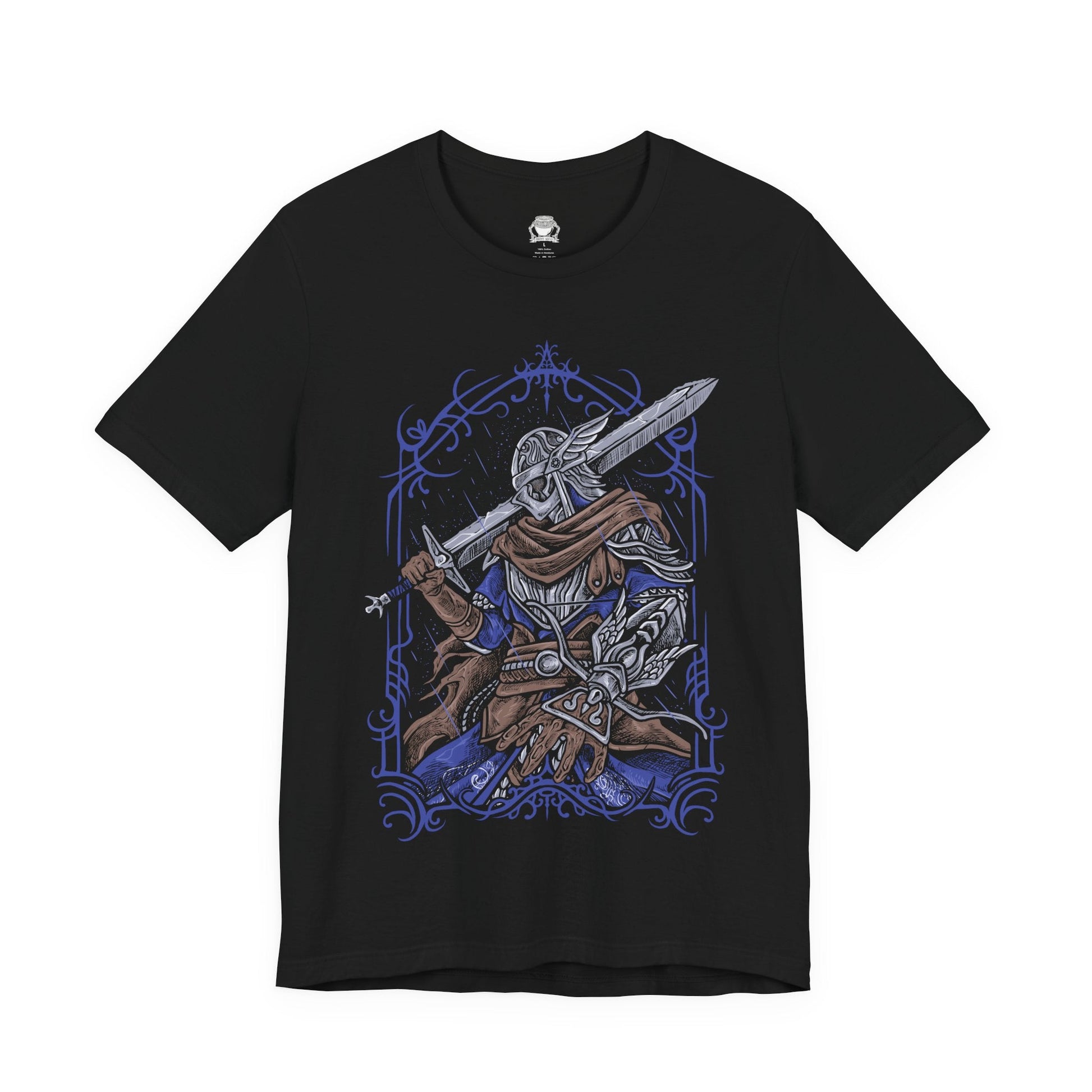 Image 4 of a T-shirt design of Wylder from Elden Ring Nightreign, a hardened Nightfarer warrior standing beneath a storm-dark sky as the Night’s Tide spreads across Limveld. His worn armor and rune-etched blade glow with faint spectral light while distant monsters emerge from the darkness. The design captures a lone champion rising against the Nightlord’s spreading corruption.
