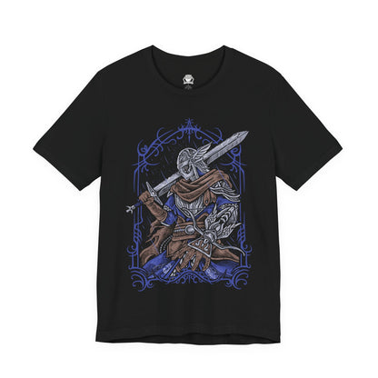 Image 4 of a T-shirt design of Wylder from Elden Ring Nightreign, a hardened Nightfarer warrior standing beneath a storm-dark sky as the Night’s Tide spreads across Limveld. His worn armor and rune-etched blade glow with faint spectral light while distant monsters emerge from the darkness. The design captures a lone champion rising against the Nightlord’s spreading corruption.