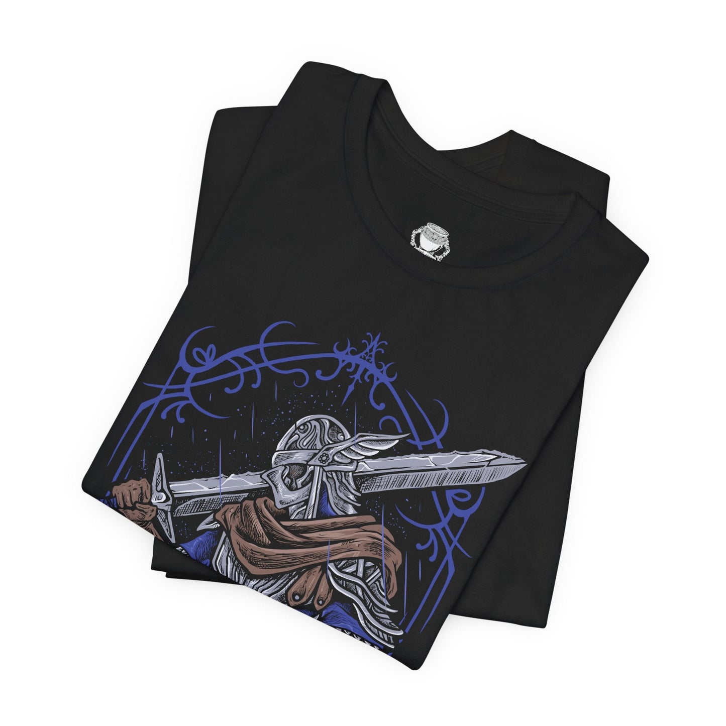Folded T-shirt design of Wylder from Elden Ring Nightreign, a hardened Nightfarer warrior standing beneath a storm-dark sky as the Night’s Tide spreads across Limveld. His worn armor and rune-etched blade glow with faint spectral light while distant monsters emerge from the darkness. The design captures a lone champion rising against the Nightlord’s spreading corruption.