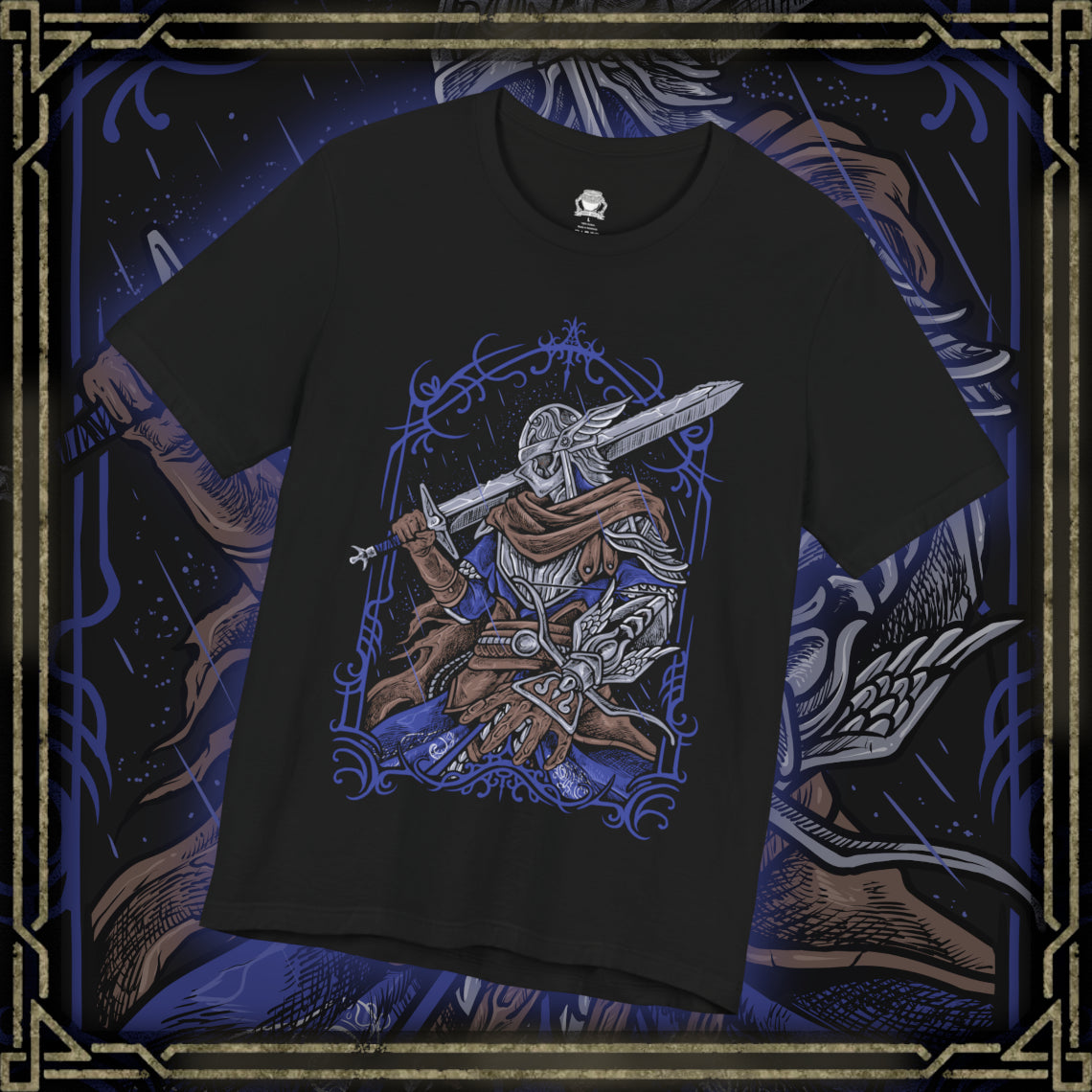 Thumbnail of a T-shirt design of Wylder from Elden Ring Nightreign, a hardened Nightfarer warrior standing beneath a storm-dark sky as the Night’s Tide spreads across Limveld. His worn armor and rune-etched blade glow with faint spectral light while distant monsters emerge from the darkness. The design captures a lone champion rising against the Nightlord’s spreading corruption.