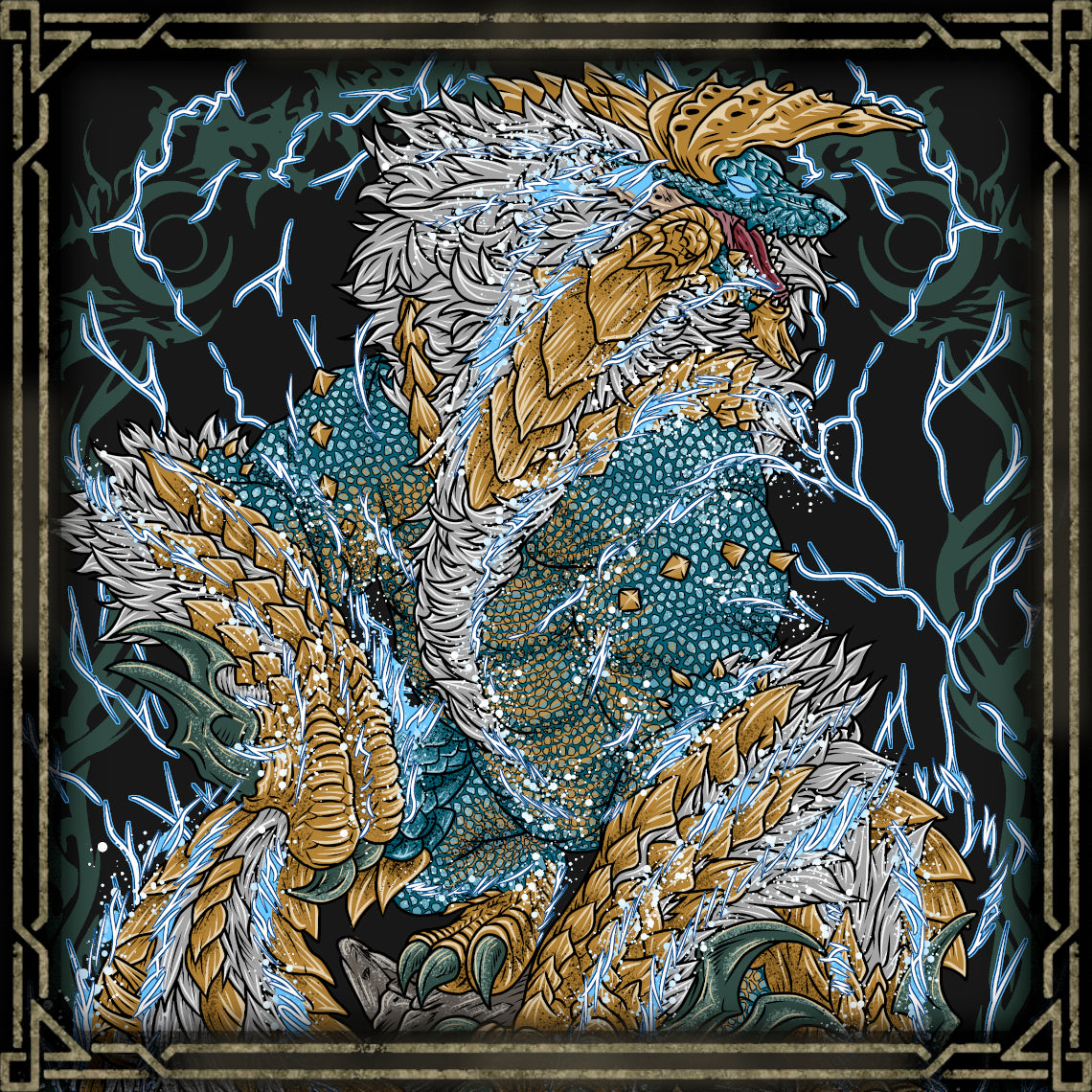 Concept Art of Zinogre the Thunder Wolf. When the skies crackle and the ground trembles, Zinogre is near. Hunters know that facing it means braving relentless speed, savage claws, and the fury of a storm given form.