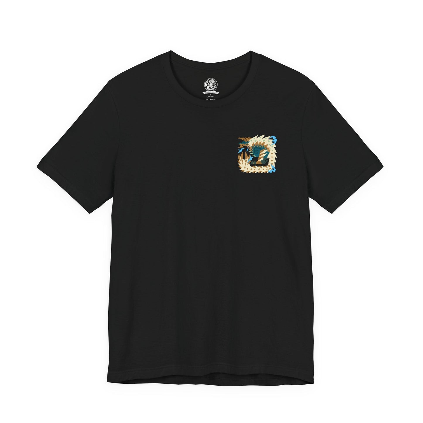 Image 4 of a T-shirt design of Zinogre from Monster Hunter, a lightning-wielding Fanged Wyvern bonded with colonies of Fulgurbugs, crouched as it gathers energy in a darkened forest. Its body glows with charged intensity as sparks erupt outward, capturing a dynamic beast defined by aggression, momentum, and storm-driven strength.
