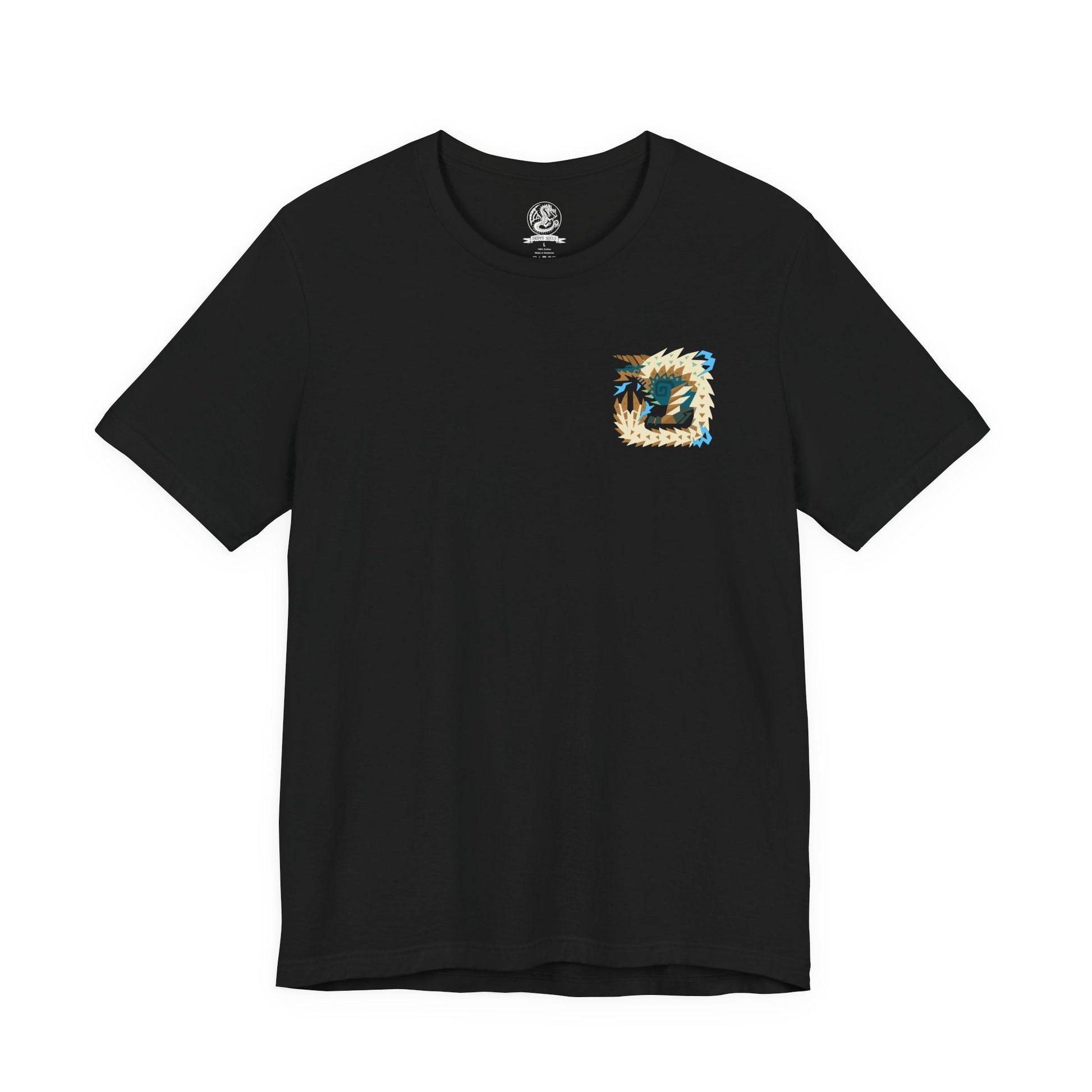 Image 4 of a T-shirt design of Zinogre from Monster Hunter, a lightning-wielding Fanged Wyvern bonded with colonies of Fulgurbugs, crouched as it gathers energy in a darkened forest. Its body glows with charged intensity as sparks erupt outward, capturing a dynamic beast defined by aggression, momentum, and storm-driven strength.