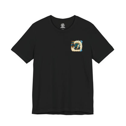 Image 4 of a T-shirt design of Zinogre from Monster Hunter, a lightning-wielding Fanged Wyvern bonded with colonies of Fulgurbugs, crouched as it gathers energy in a darkened forest. Its body glows with charged intensity as sparks erupt outward, capturing a dynamic beast defined by aggression, momentum, and storm-driven strength.