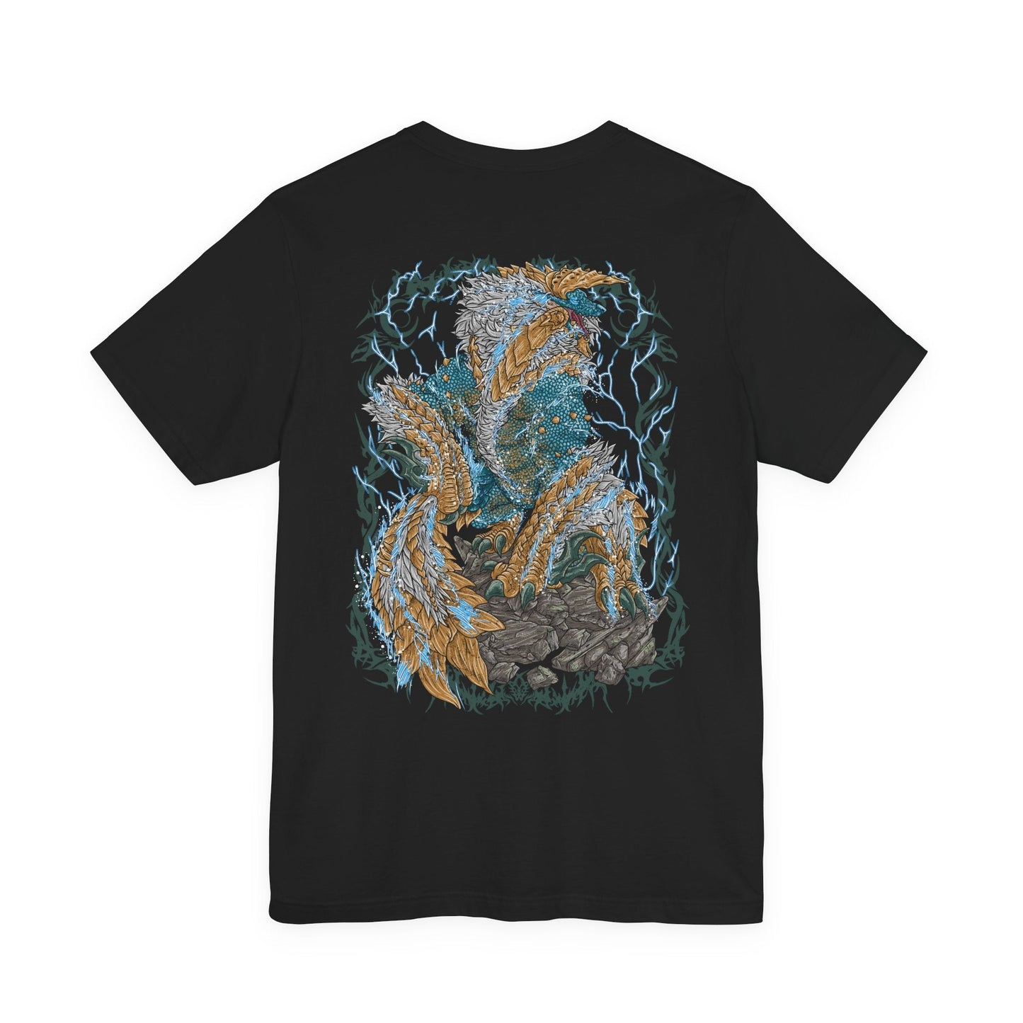 Image 5 of a T-shirt design of Zinogre from Monster Hunter, a lightning-wielding Fanged Wyvern bonded with colonies of Fulgurbugs, crouched as it gathers energy in a darkened forest. Its body glows with charged intensity as sparks erupt outward, capturing a dynamic beast defined by aggression, momentum, and storm-driven strength.