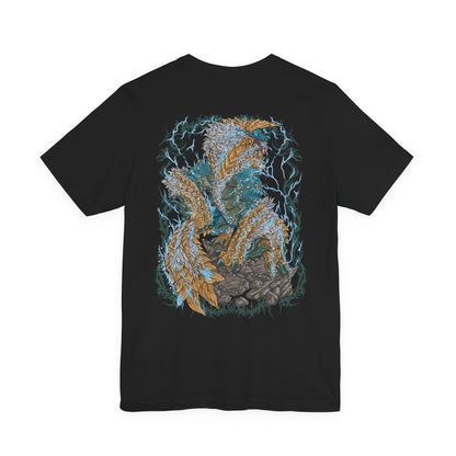 Image 5 of a T-shirt design of Zinogre from Monster Hunter, a lightning-wielding Fanged Wyvern bonded with colonies of Fulgurbugs, crouched as it gathers energy in a darkened forest. Its body glows with charged intensity as sparks erupt outward, capturing a dynamic beast defined by aggression, momentum, and storm-driven strength.