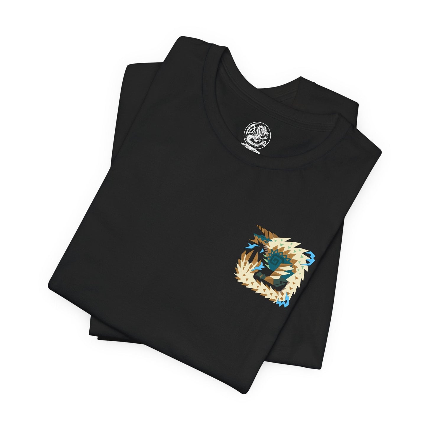 Image 6 of a T-shirt design of Zinogre from Monster Hunter, a lightning-wielding Fanged Wyvern bonded with colonies of Fulgurbugs, crouched as it gathers energy in a darkened forest. Its body glows with charged intensity as sparks erupt outward, capturing a dynamic beast defined by aggression, momentum, and storm-driven strength.