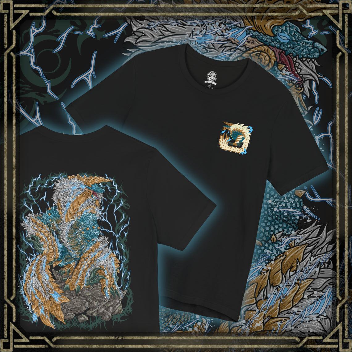 Thumbnail of a T-shirt design of Zinogre from Monster Hunter, a lightning-wielding Fanged Wyvern bonded with colonies of Fulgurbugs, crouched as it gathers energy in a darkened forest. Its body glows with charged intensity as sparks erupt outward, capturing a dynamic beast defined by aggression, momentum, and storm-driven strength.