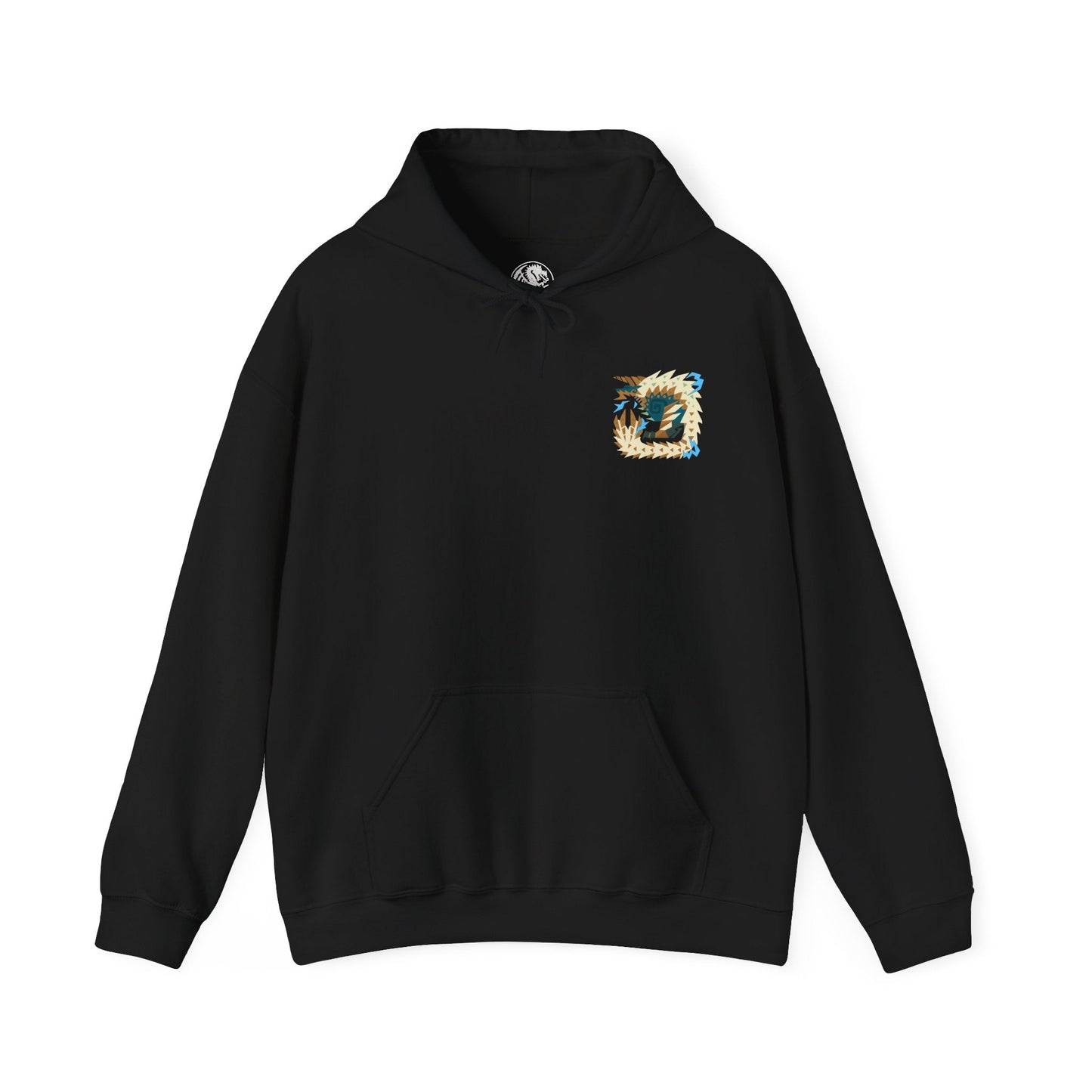 Image 4 of a Hooded Sweatshirt of Zinogre from Monster Hunter, a powerful Fanged Wyvern that channels electricity through Fulgurbugs embedded in its fur, roaring beneath a sky filled with thunder. Bolts of lightning surge around its form as it prepares to strike, capturing an iconic monster driven by primal instinct, raw energy, and relentless combat.