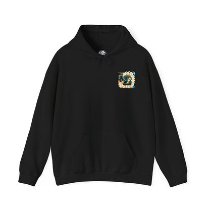 Image 4 of a Hooded Sweatshirt of Zinogre from Monster Hunter, a powerful Fanged Wyvern that channels electricity through Fulgurbugs embedded in its fur, roaring beneath a sky filled with thunder. Bolts of lightning surge around its form as it prepares to strike, capturing an iconic monster driven by primal instinct, raw energy, and relentless combat.