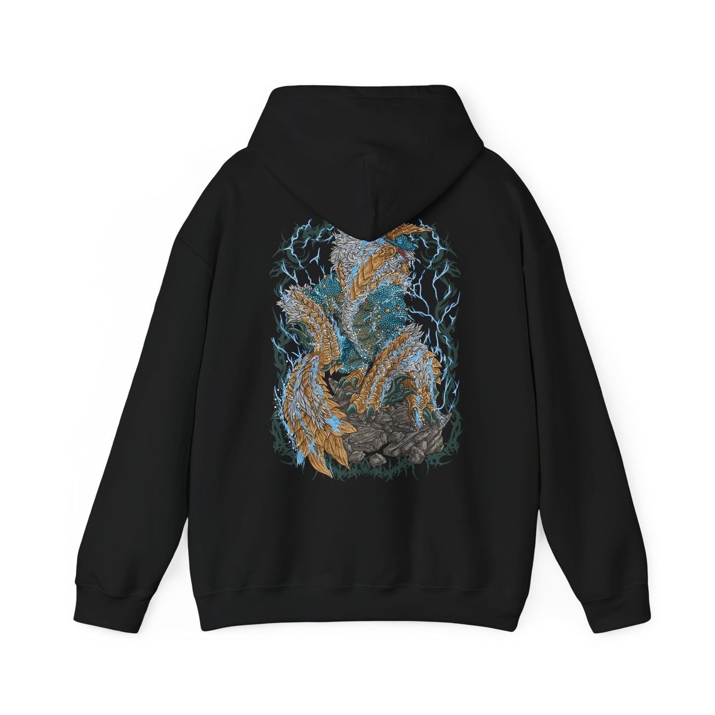 Image 5 of a Hooded Sweatshirt of Zinogre from Monster Hunter, a powerful Fanged Wyvern that channels electricity through Fulgurbugs embedded in its fur, roaring beneath a sky filled with thunder. Bolts of lightning surge around its form as it prepares to strike, capturing an iconic monster driven by primal instinct, raw energy, and relentless combat.