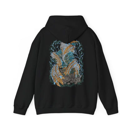 Image 5 of a Hooded Sweatshirt of Zinogre from Monster Hunter, a powerful Fanged Wyvern that channels electricity through Fulgurbugs embedded in its fur, roaring beneath a sky filled with thunder. Bolts of lightning surge around its form as it prepares to strike, capturing an iconic monster driven by primal instinct, raw energy, and relentless combat.