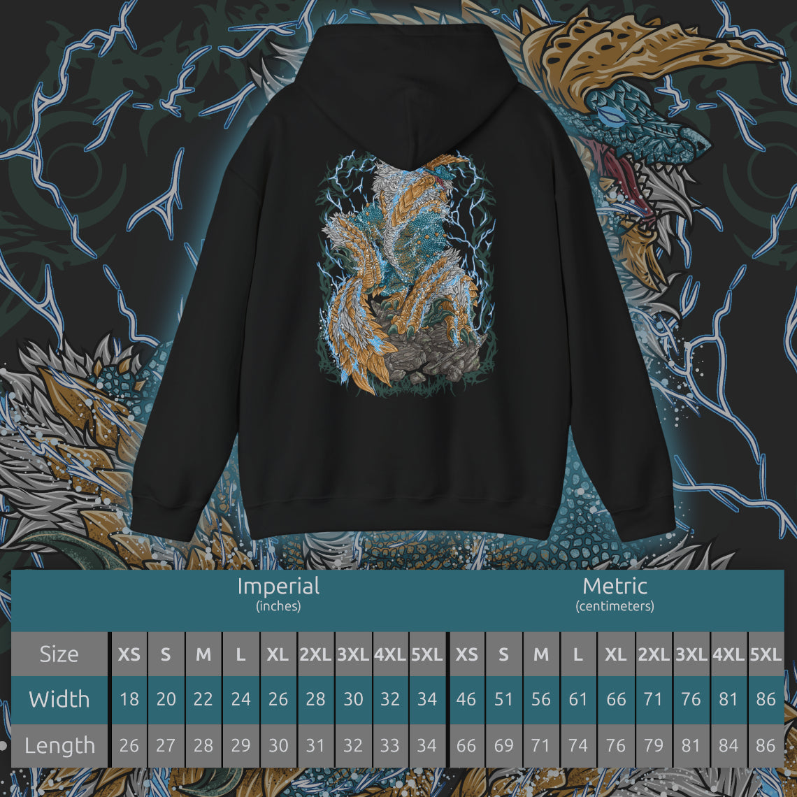 Size chart of a Hooded Sweatshirt of Zinogre from Monster Hunter, a powerful Fanged Wyvern that channels electricity through Fulgurbugs embedded in its fur, roaring beneath a sky filled with thunder. Bolts of lightning surge around its form as it prepares to strike, capturing an iconic monster driven by primal instinct, raw energy, and relentless combat.