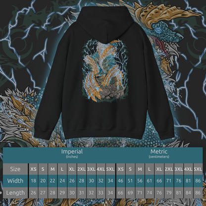 Size chart of a Hooded Sweatshirt of Zinogre from Monster Hunter, a powerful Fanged Wyvern that channels electricity through Fulgurbugs embedded in its fur, roaring beneath a sky filled with thunder. Bolts of lightning surge around its form as it prepares to strike, capturing an iconic monster driven by primal instinct, raw energy, and relentless combat.