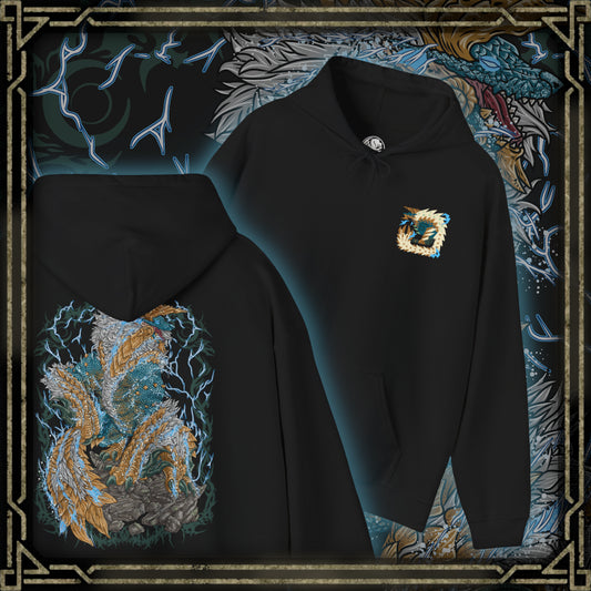 Thumbnail of a Hooded Sweatshirt of Zinogre from Monster Hunter, a powerful Fanged Wyvern that channels electricity through Fulgurbugs embedded in its fur, roaring beneath a sky filled with thunder. Bolts of lightning surge around its form as it prepares to strike, capturing an iconic monster driven by primal instinct, raw energy, and relentless combat.