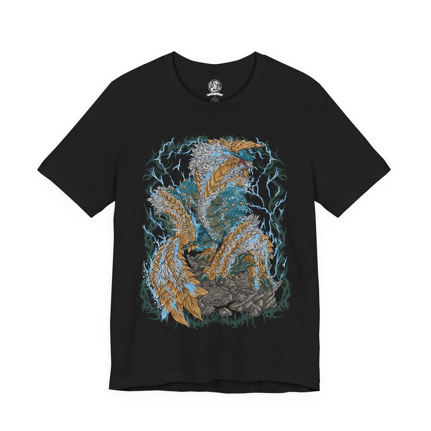 Image 4 of a T-shirt design of Zinogre from Monster Hunter, a thunder-charged Fanged Wyvern empowered by symbiotic Fulgurbugs, standing amid a storm-lit wilderness. Electricity crackles across its fur as arcs of lightning surround its body, capturing a feral apex predator that thrives on speed, power, and explosive bursts of elemental fury.