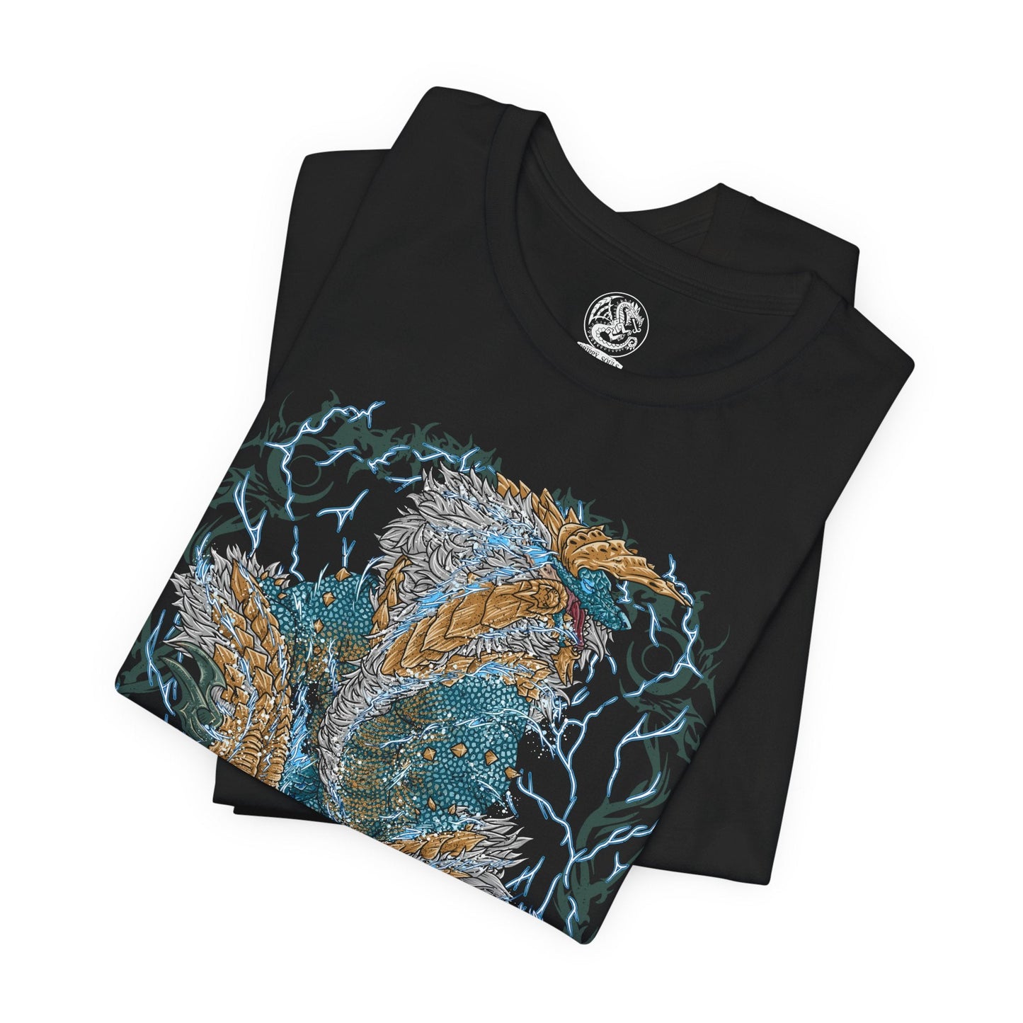 Image 5 of a T-shirt design of Zinogre from Monster Hunter, a thunder-charged Fanged Wyvern empowered by symbiotic Fulgurbugs, standing amid a storm-lit wilderness. Electricity crackles across its fur as arcs of lightning surround its body, capturing a feral apex predator that thrives on speed, power, and explosive bursts of elemental fury.