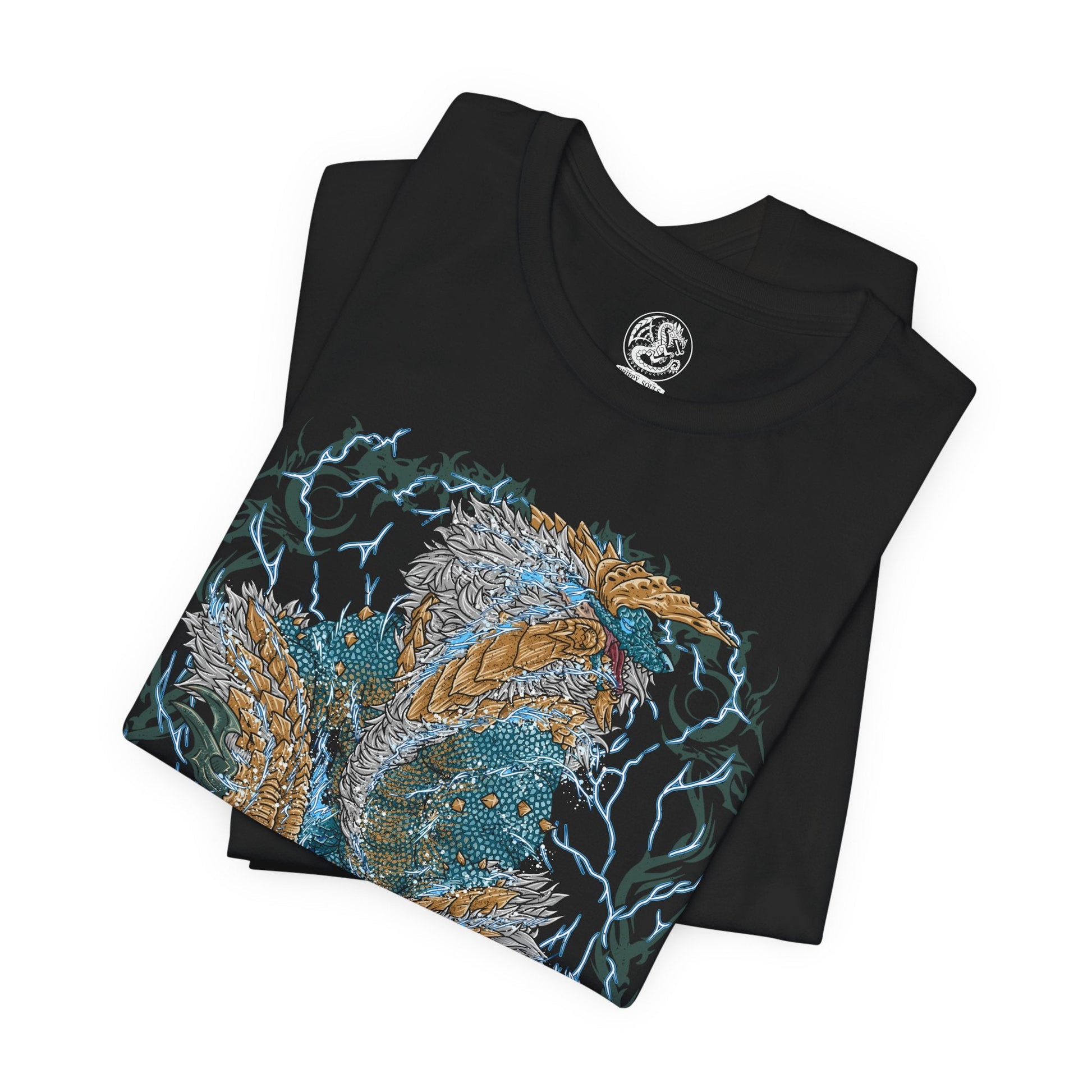 Image 5 of a T-shirt design of Zinogre from Monster Hunter, a thunder-charged Fanged Wyvern empowered by symbiotic Fulgurbugs, standing amid a storm-lit wilderness. Electricity crackles across its fur as arcs of lightning surround its body, capturing a feral apex predator that thrives on speed, power, and explosive bursts of elemental fury.