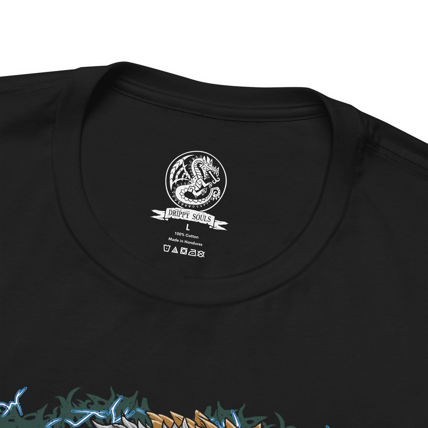 Folded T-shirt design of Zinogre from Monster Hunter, a thunder-charged Fanged Wyvern empowered by symbiotic Fulgurbugs, standing amid a storm-lit wilderness. Electricity crackles across its fur as arcs of lightning surround its body, capturing a feral apex predator that thrives on speed, power, and explosive bursts of elemental fury.