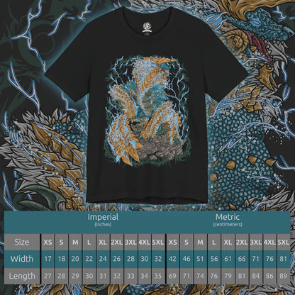 Size chart of a T-shirt design of Zinogre from Monster Hunter, a thunder-charged Fanged Wyvern empowered by symbiotic Fulgurbugs, standing amid a storm-lit wilderness. Electricity crackles across its fur as arcs of lightning surround its body, capturing a feral apex predator that thrives on speed, power, and explosive bursts of elemental fury.