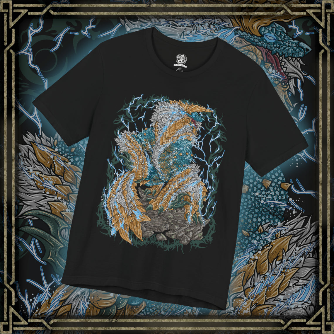 Thumbnail of a T-shirt design of Zinogre from Monster Hunter, a thunder-charged Fanged Wyvern empowered by symbiotic Fulgurbugs, standing amid a storm-lit wilderness. Electricity crackles across its fur as arcs of lightning surround its body, capturing a feral apex predator that thrives on speed, power, and explosive bursts of elemental fury.